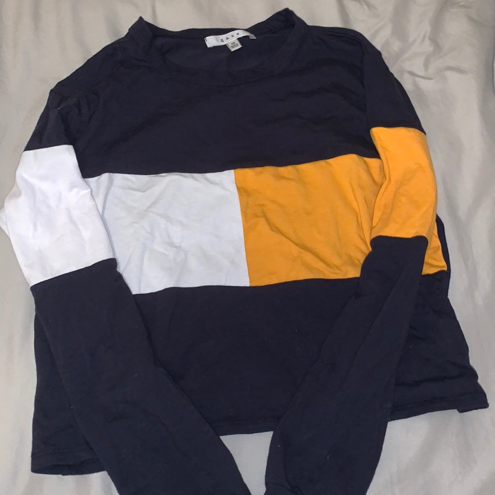 Navy blue, yellow,white cropped long sleeve top